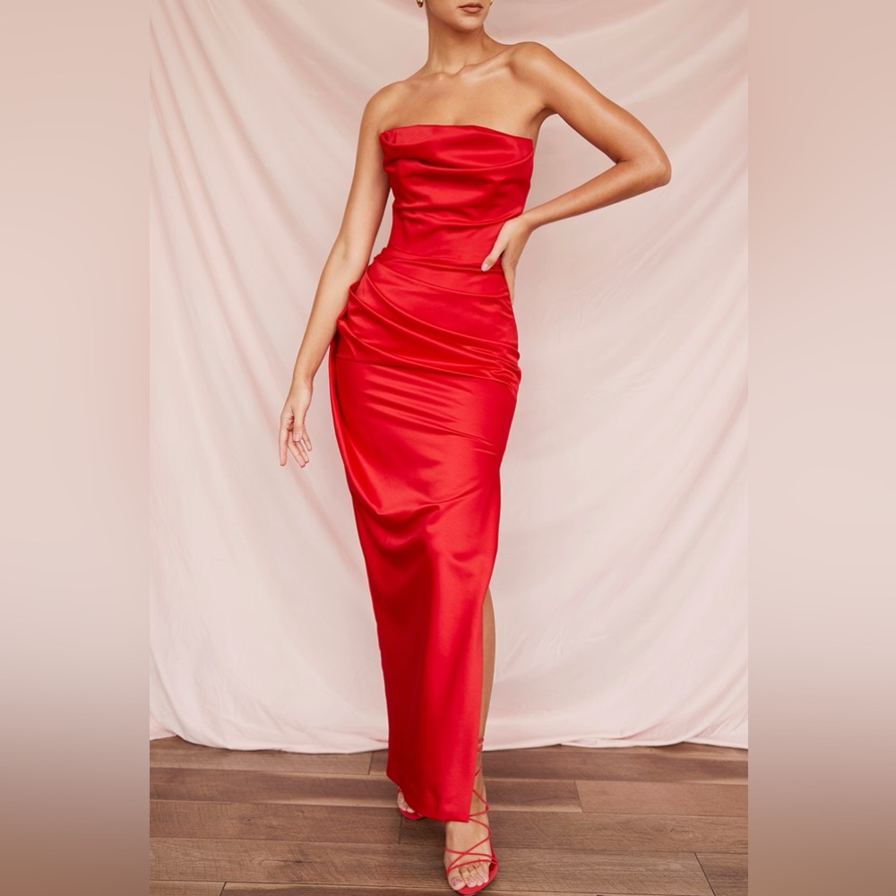 House of CB London XS Adrienne Red Scarlet Strapless Gown Ruched - Picture 1 of 11